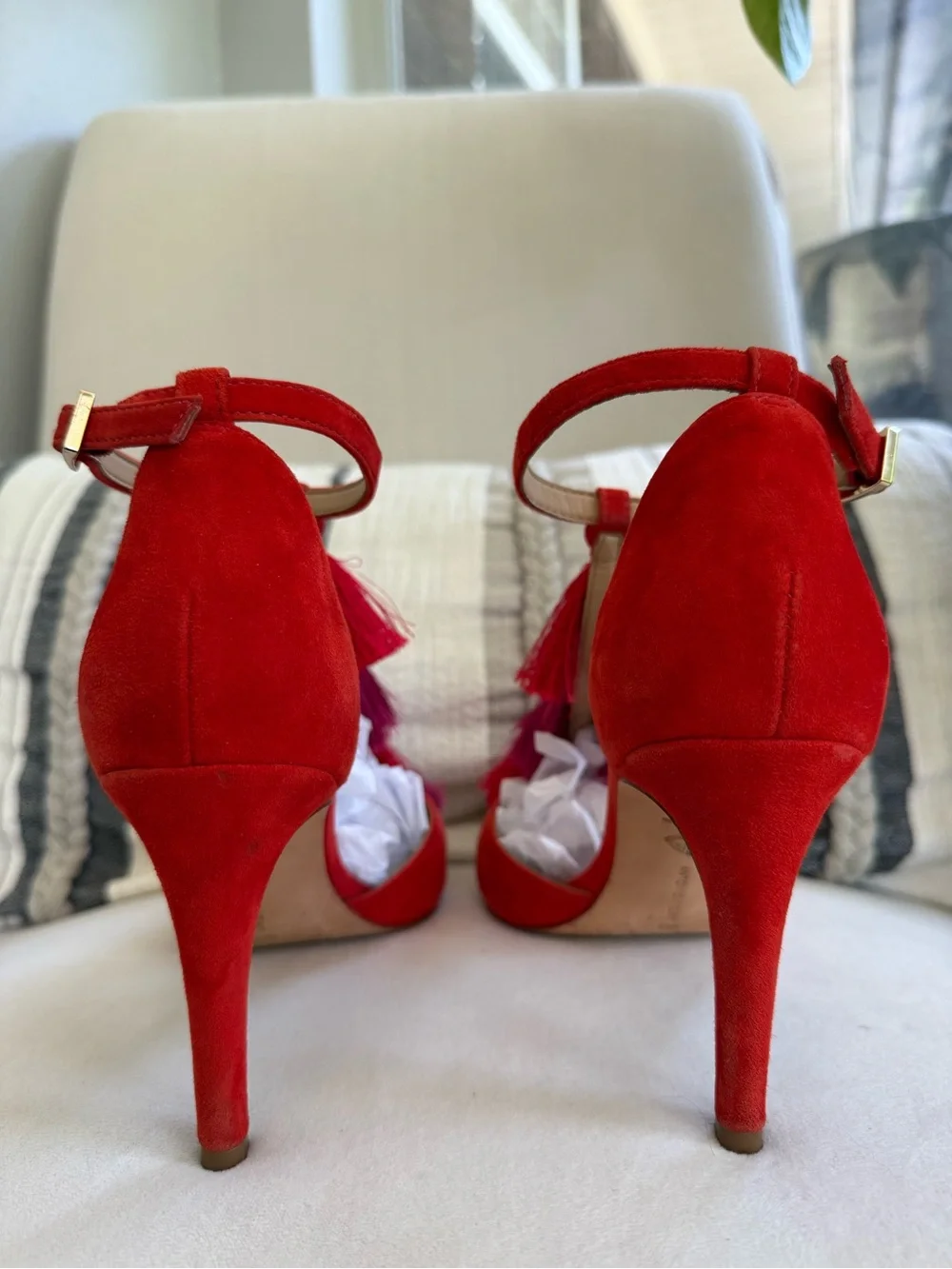 ANTONIO MELANI Red Suede Pointed Tassel Ankle-Strap Heels